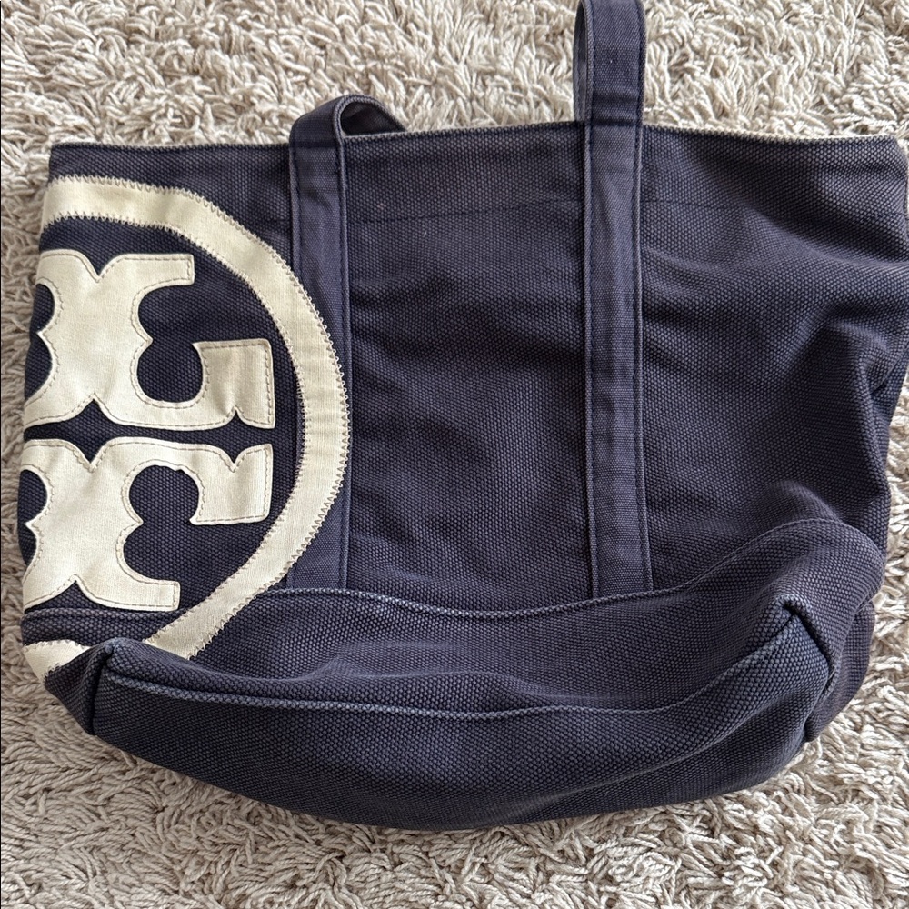 Tory Burch Navy and Cream Tote Bag Beach Bag Canvas